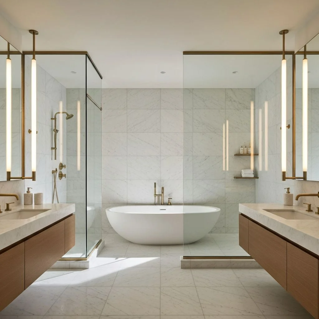 Luxury marble primary bathroom with custom vanity remodeled by Grandeur Hills Group in NYC